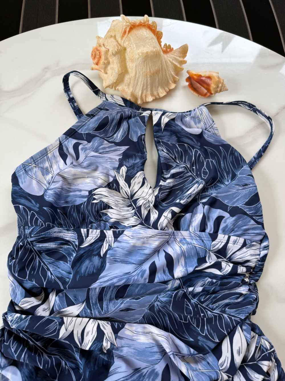 Ellen Tracy Swim One-Piece Swimsuit in Navy Blue Leaf Print - Picture 2 of 5